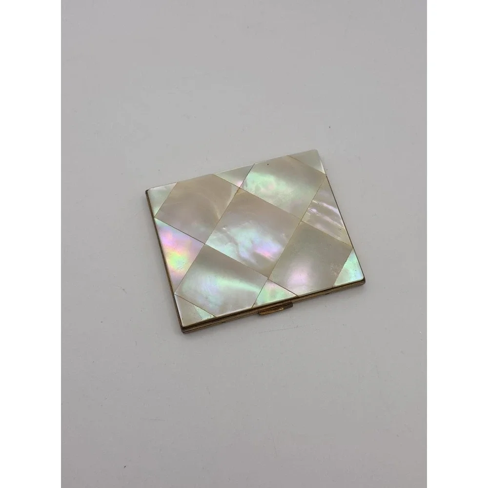 Vintage Elgin American Mother of Pearl Inlay Gold Tone Mirrored Powder Compact
